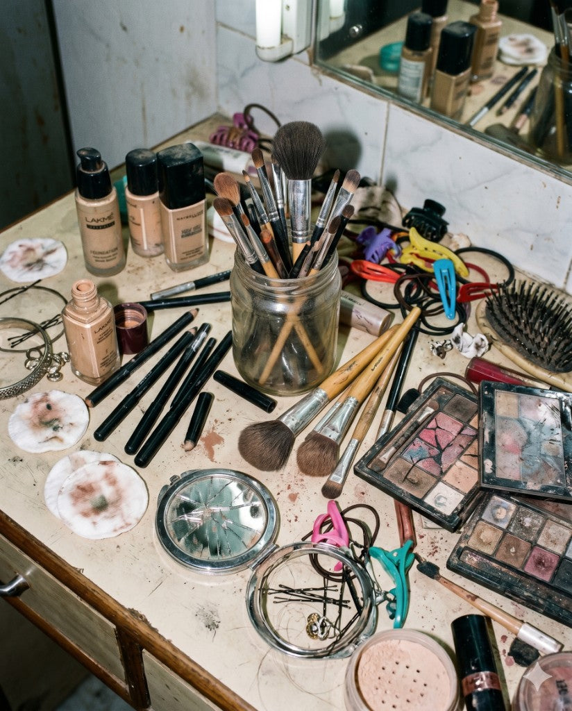 Cluttered vanity countertop with makeup, brushes and hair clips — the usual chaos